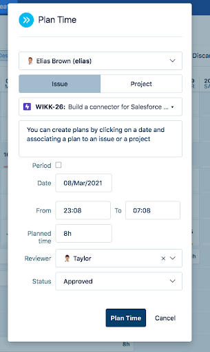 The “Plan Time” screen in Jira’s Tempo Planner